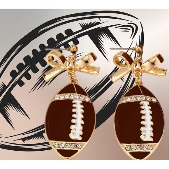 NWT 18K Bling Rhinestone Gold Toned Bowknot Football Dangle Earrings - Picture 1 of 7